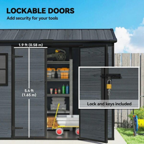 8 x 4 ft Resin Garden Shed, Wood-Effect Outdoor Storage Shed with Floor, Windows, Lockable Doors and Vents, Dark Grey