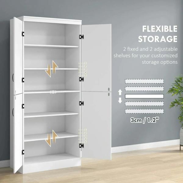 White tall storage cabinet with four doors and adjustable shelves, open empty interior