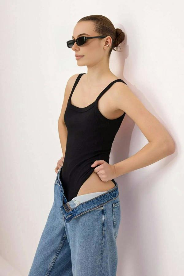 WOVCOR Fitted Pool Neck Thin Strap Long Ribbed Stretch Knit Bodysuit