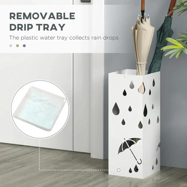 White umbrella stand with removable drip tray, transparent tray at base