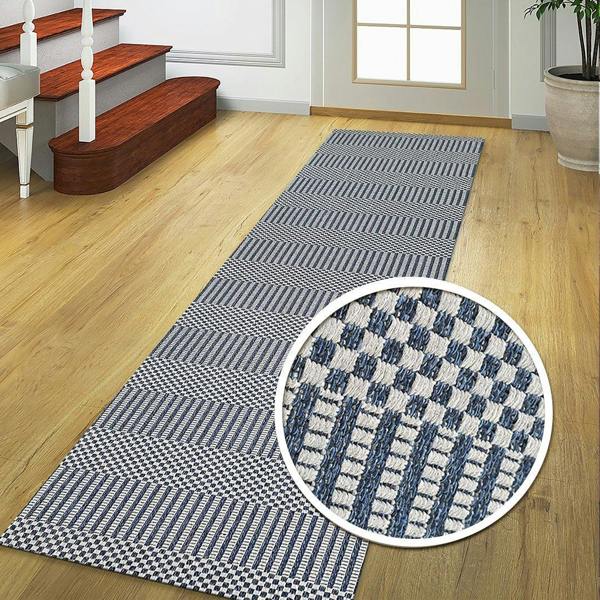 Viva Rugs Cotton Rug Braided Navy Blue Grey Cream Striped Washable Flat Weave Mat Small Extra Large Long Runner - 75x300cm (2'5"x9'8")