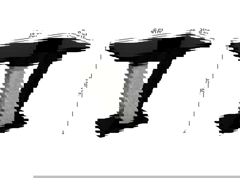 Black dining extendable table with dimensions on a white background