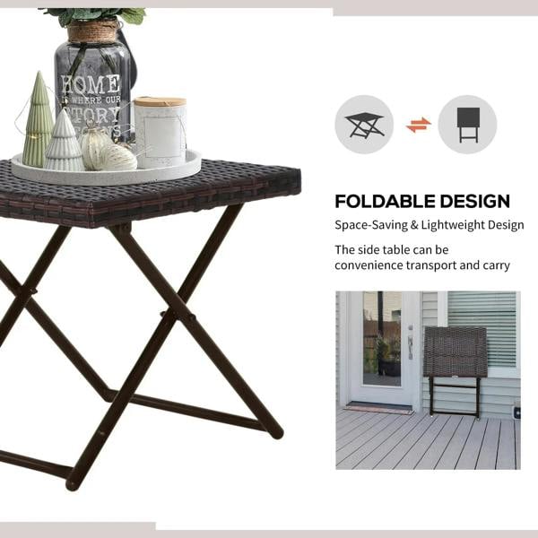 Brown rattan coffee table with woven surface and compact folding cross-leg design