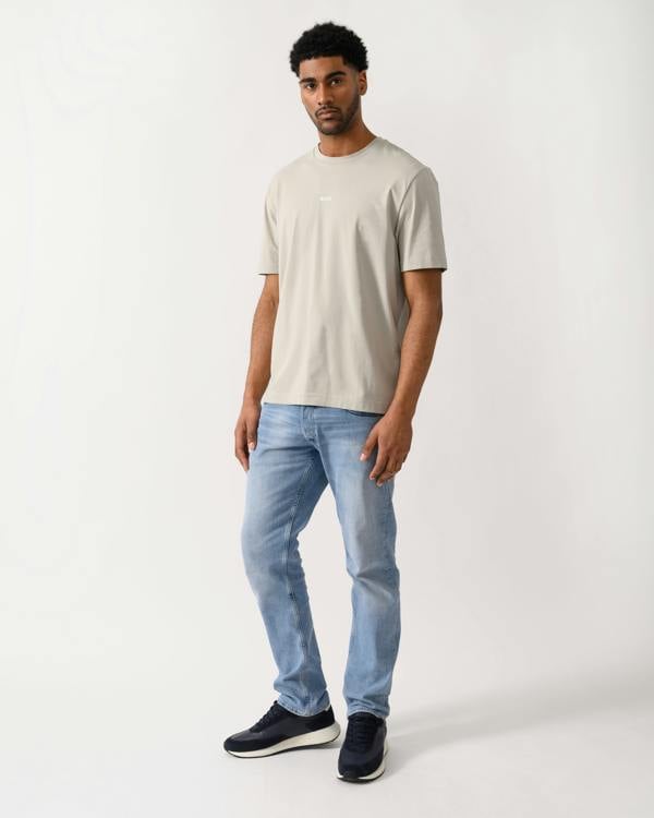 full length shot of model wearing a BOSS Orange TChup Mens Crew Neck Small Logo T-Shirt in Open Grey 070