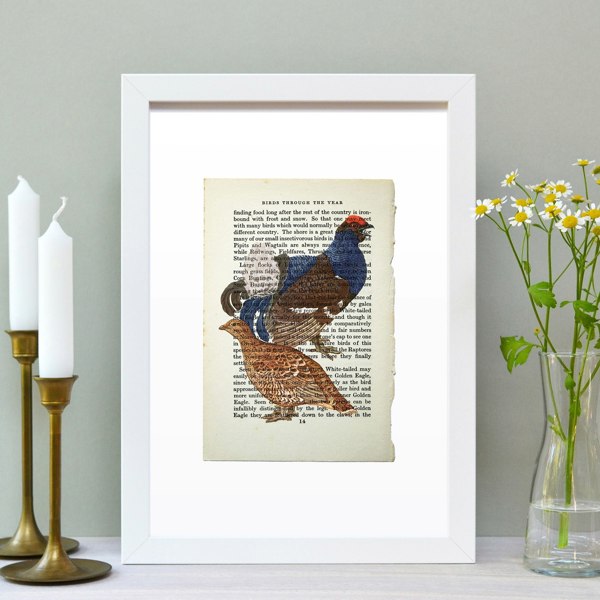 Hands & Hearts Grouse vintage book page art print