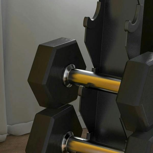 Black angled dumbbell cradle on five-tier storage rack.