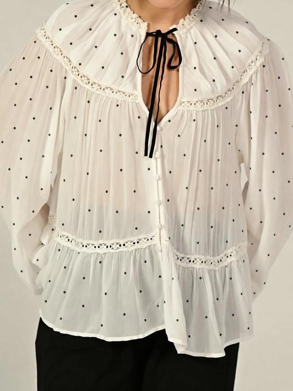 Rose & Nancy Shelley Ivory Polka Dot Tie Neck Lace Trim Blouse