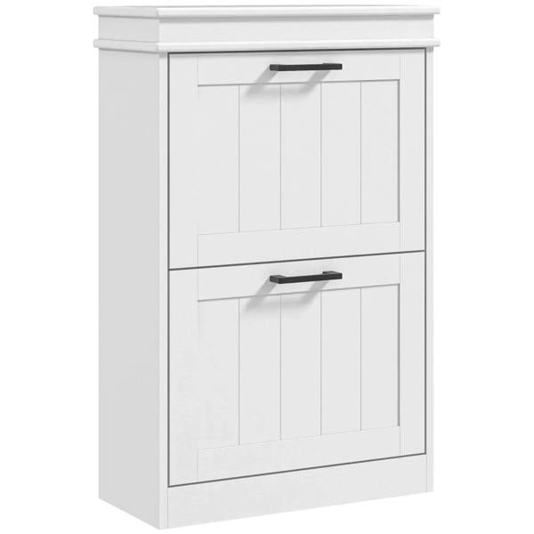 White two-drawer shoe cabinet with two panel doors and black bar handles
