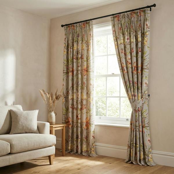 Carlotta made-to-measure curtains in Pebble, styled in a living room