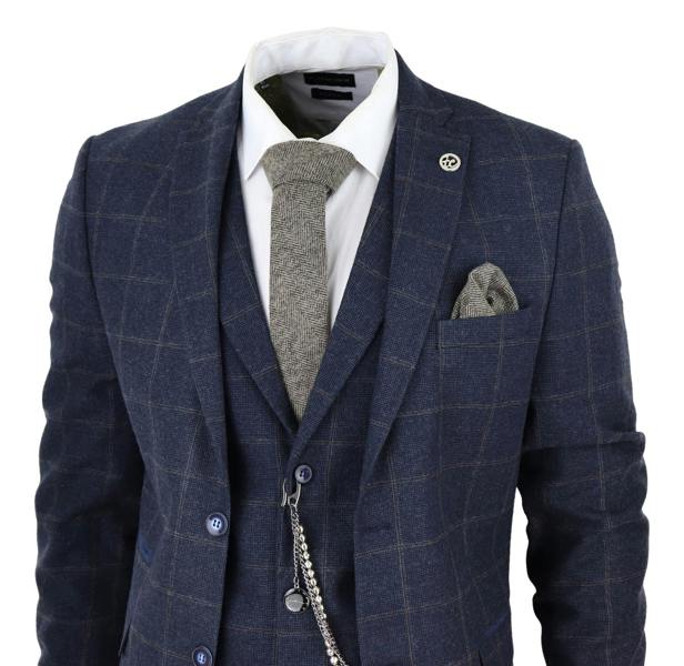 TruClothing Mens 3 Piece Wool Suit Navy Blue Tweed Check Peaky Blinders 1920 Gatsby Formal