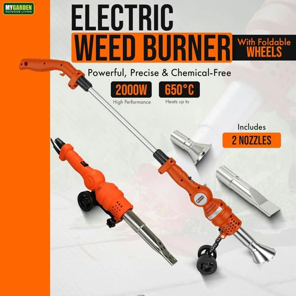 My Garden Outdoor Living My Garden Electric Weed Burner 2000W - Dual Heat Weed Remover with Folding Wheels, 2 Nozzles, Detachable Handle & UK Plug