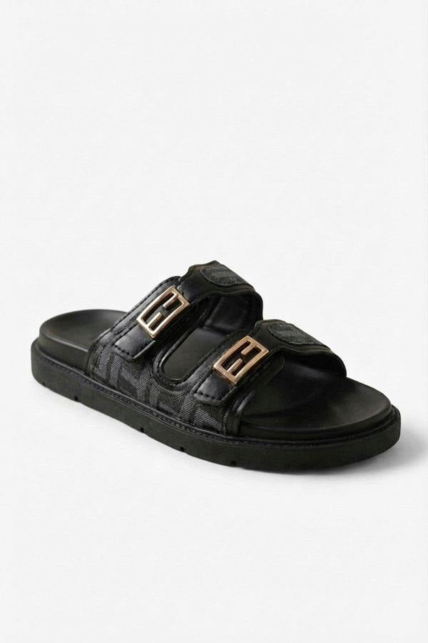 Willow Patterned Buckle Sandals - Black_wb