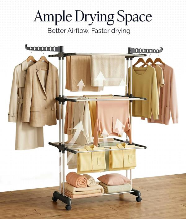 ADOV Airer Clothes Drying Rack, 4-Tier Foldable Stainless Steel Clothes Airer with Wheels and Side Wings