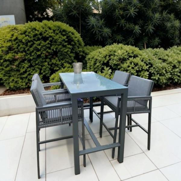 The Garden Marketplace Monaco 4 Seater Tall Garden Bar Table & Stool Set – Grey Powder-Coated Aluminium, Glass Top (140 x 70cm) with Cushions