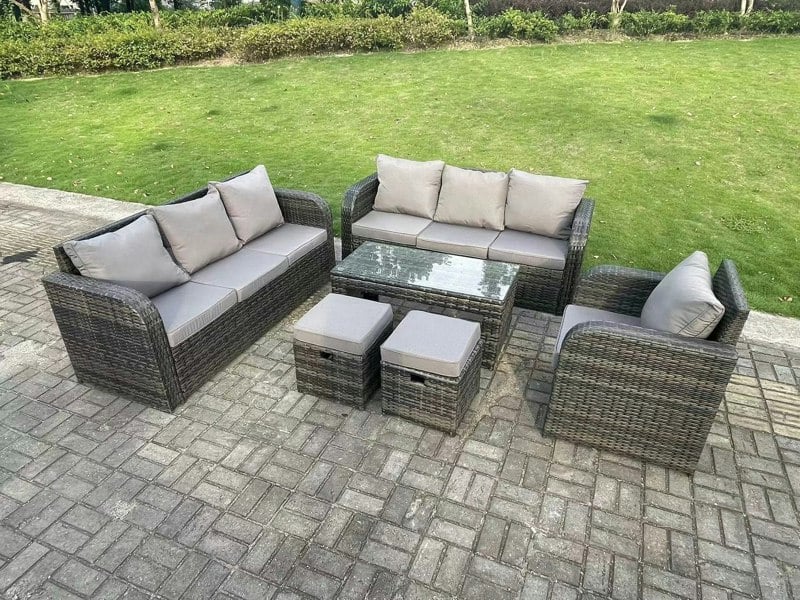 Fimous 9 Seater Dark Grey PE Wicker Rattan Garden Furniture Set Reclining Chair Lounge 3 Seater Sofa Set Outdoor Rectangular Coffee Table Stools