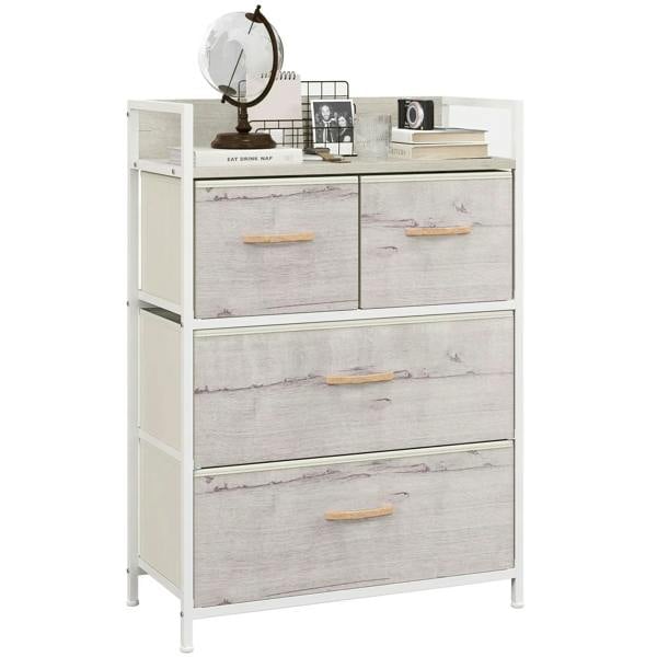Four-drawer fabric chest with gray drawers and wood-look handles, white frame