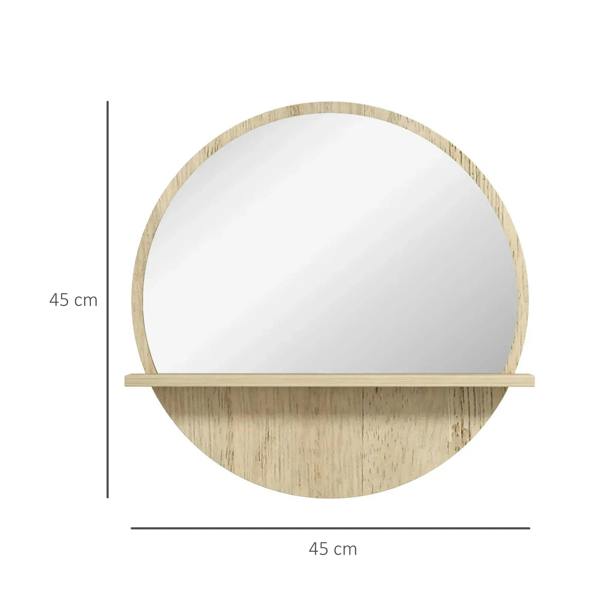 Round bathroom mirror with natural wood-effect frame and front shelf, 45 cm shown
