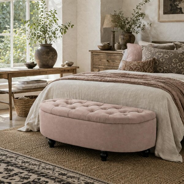 Wyld Haus Rafili Velvet Pink Semi Circle Storage Bench With Tufted Seat