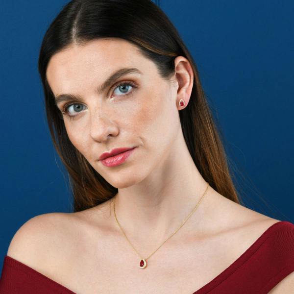 namana Gold Plated 925 Sterling Silver Red Pear Drop Halo Pendant Necklace for Women