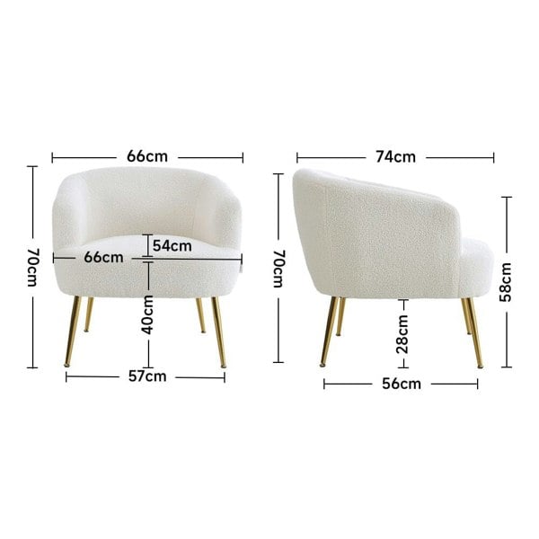 White Boucle Teddy Fabric Armchair with Metal Legs Tub Chairs Living and Home