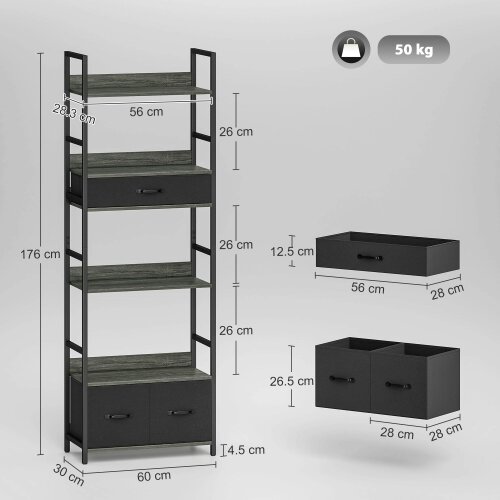 Wyld Haus Laro Metal And Wood Grey And Black Industrial Bookcase With 4 Shelves And Fabric Drawers