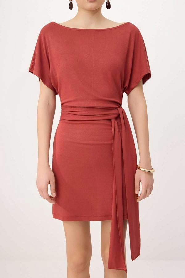 WOVCOR Bodycon Asymmetric Neck Tie Detail Short Sleeve Mini Dress