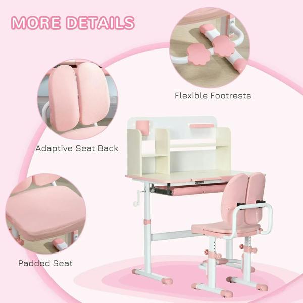 Pink kids chair set with padded seat back and flexible footrests on adjustable base