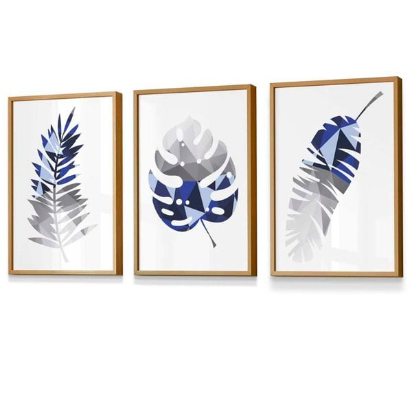 Artze Wall Art GEOMETRIC Set of 3 Blue & Grey Tropical Leaves Framed Prints