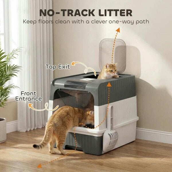 Enclosed Cat Litter Box with Lid, Pull-Out Drawer Tray, Scoop, 2 Deodorisation Bags, Front Entry & Top Exit, Grey