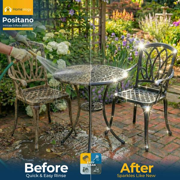 Homeology POSITANO Garden and Patio Table and 2 Large Chairs with Armrests Cast Aluminium Bistro Set - Black