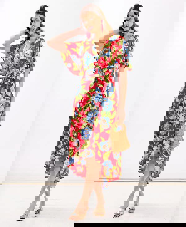 Red Oversize Floral Ruche Midi Dress