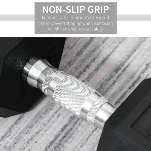 Knurled steel grip on black rubber hex dumbbell for non-slip hand hold.
