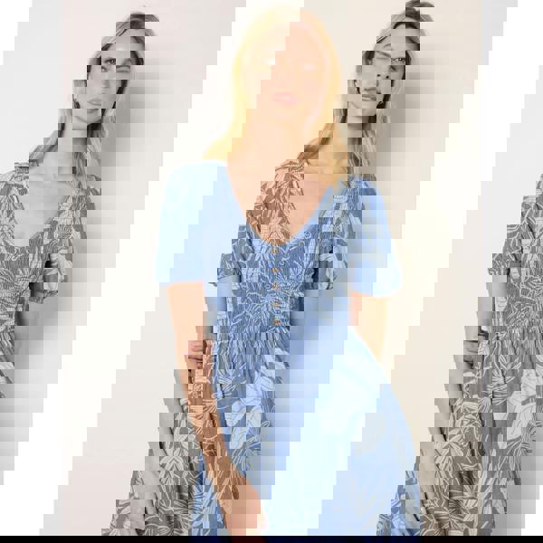 Blue Vanilla Shirred Button V Neck Midi Dress