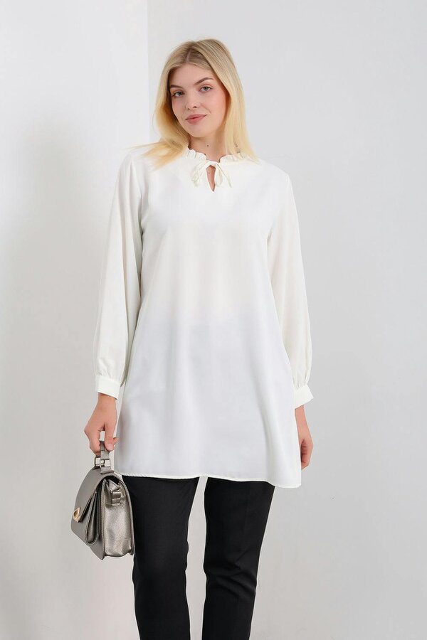 Hoxton Gal Oversized Tunic with Ruffle Neck Detailed in White