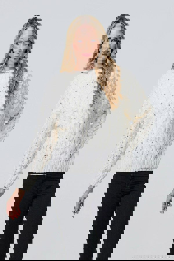 White | Sequin Embellished Cable Knit Jumper
