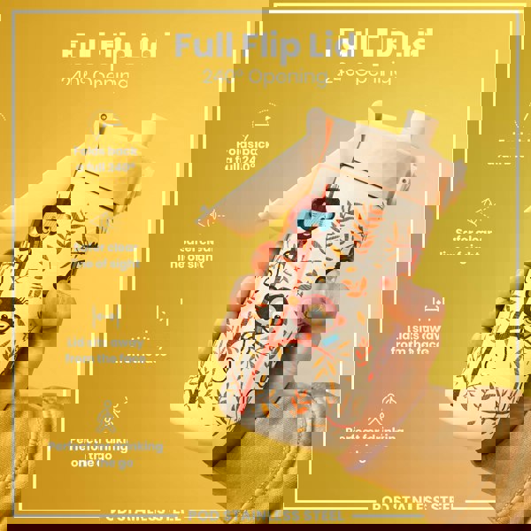 A stainless steel water bottle, featuring a 240° flip lid and a monkey design, is held in a hand. The lid folds back completely, providing a clear view. The bottle is advertised as ideal for on-the-go drinking.