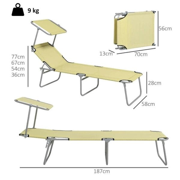 Bobobiy Folding Sun Lounger Set of 2 with Canopy, Reclining Sunbed with 4-Position Adjustable Backrest, 600D Oxford Cloth, Beige