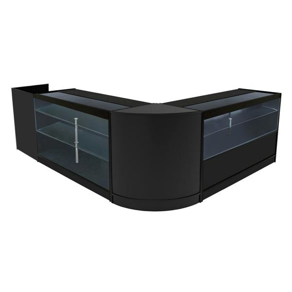 Vega LED Shop Counter Set in sleek black, featuring glass display shelves, curved design, and modern LED lighting for retail spaces