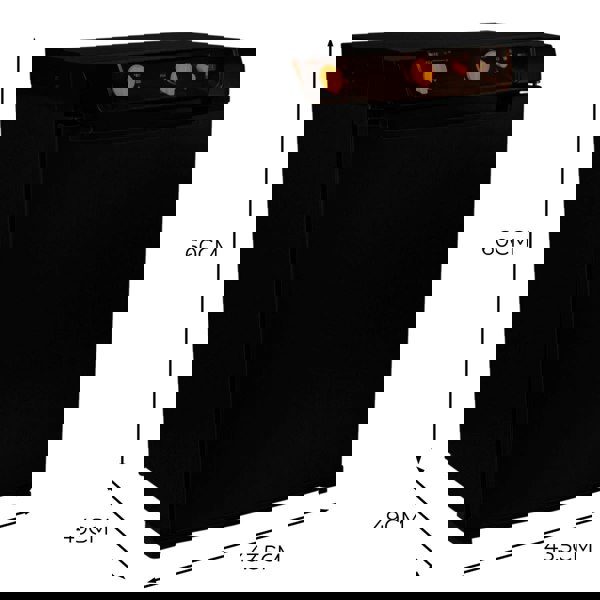 Compact black 3-way absorption fridge with orange dials, measuring 60cm high, 49cm wide, and 43.5cm deep, ideal for small spaces