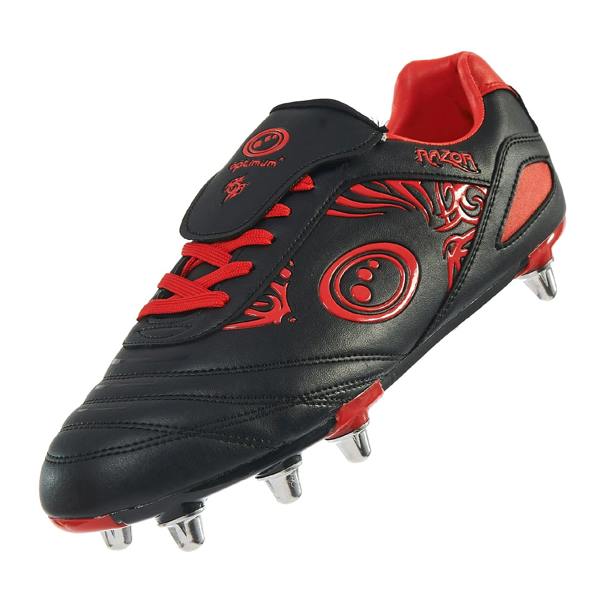 Black and red Optimum Razor rugby boot with screw-in studs, side view on white background - Optimum