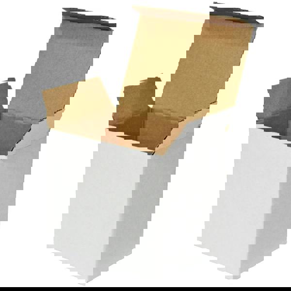 White cardboard shipping box with open flaps showing empty interior.