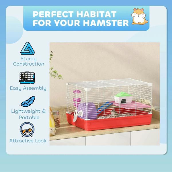 Compact red and white hamster habitat cage with two tiers, wheel, ladder, and small house.