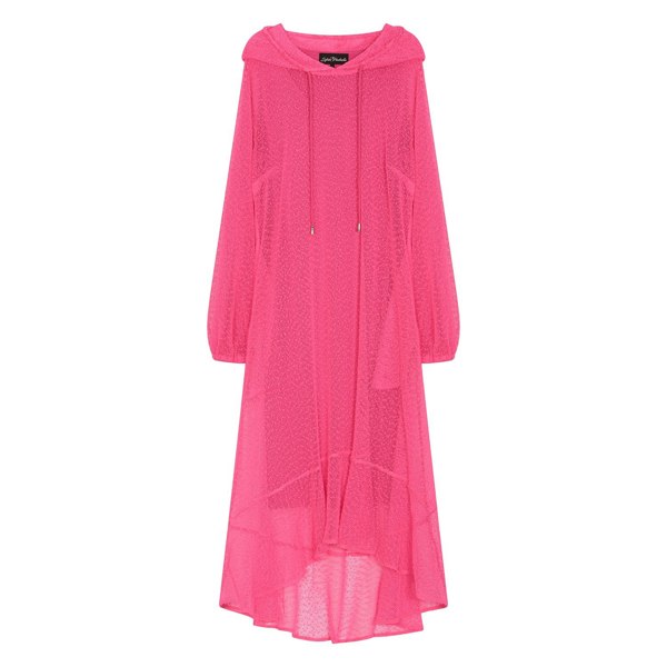 Women's Aphrodite Hot Pink Holiday Resort Dress with hoodie and hot pink  undergarment, presented in a cutout image to showcase the vibrant design.