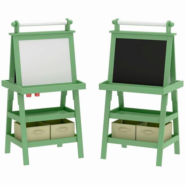 Green kids easel double-sided magnetic whiteboard and chalkboard with storage baskets