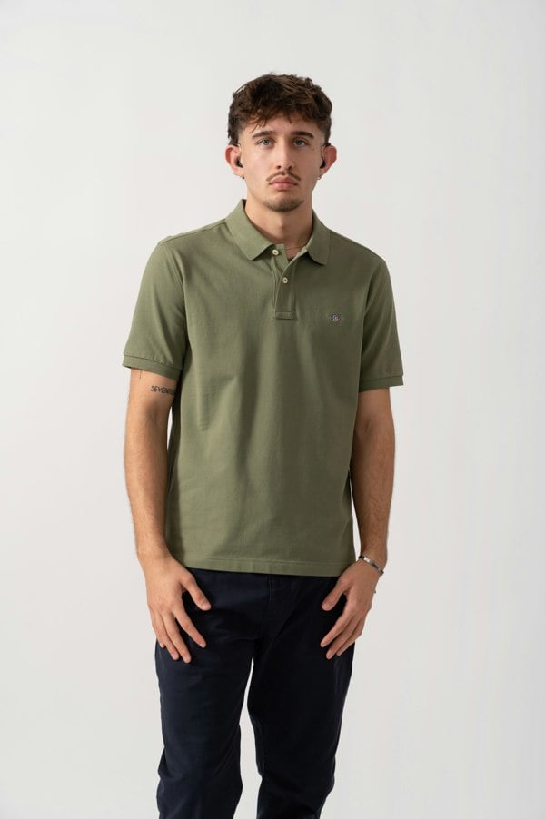 GANT Mens Regular Fit Short Sleeve Shield Logo Pique Polo - 379 Dry Herb Green