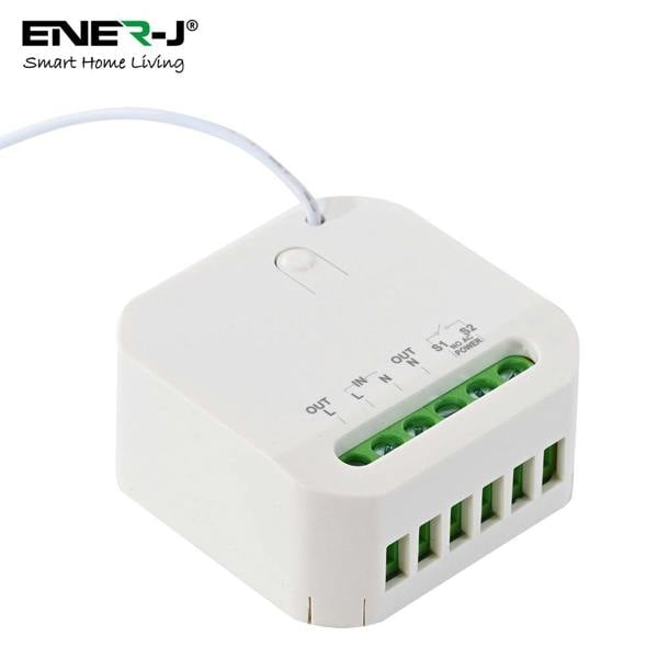 White electronic device with green connectors and Ener-J branding on a white background