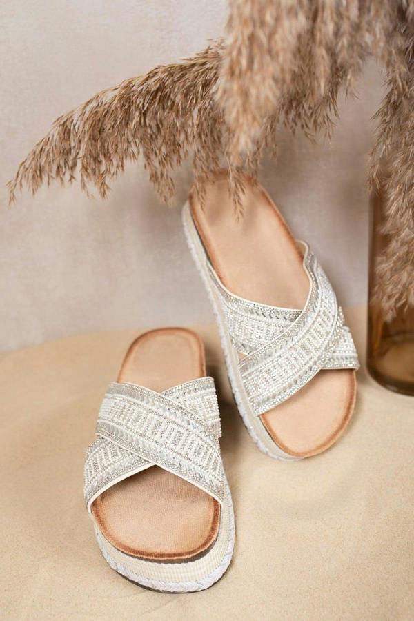 Yareli Embellished Cross Strap Platform Sandals - White