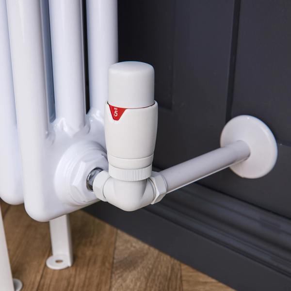 Flode Corner Round Thermostatic TRV & Lockshield | 15mm x 1/2″ | Matt White