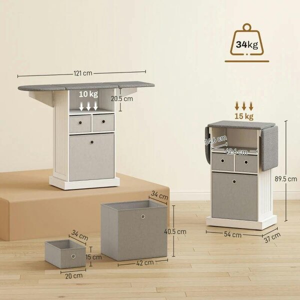Ironing Board Cabinet on Wheels with Ironable and Foldable Top, Mobile Storage Cabinet with Ironing Board, White