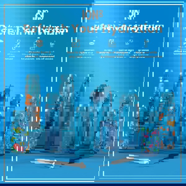 Several ION8 water bottles, of varying sizes and designs, are displayed on a blue surface. Accessories are also shown. The scene promotes hydration.